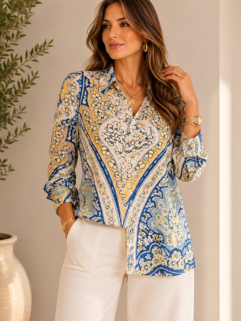 Blue & Yellow Paisley Print Button-Up Shirt Size L Boho Chic Top